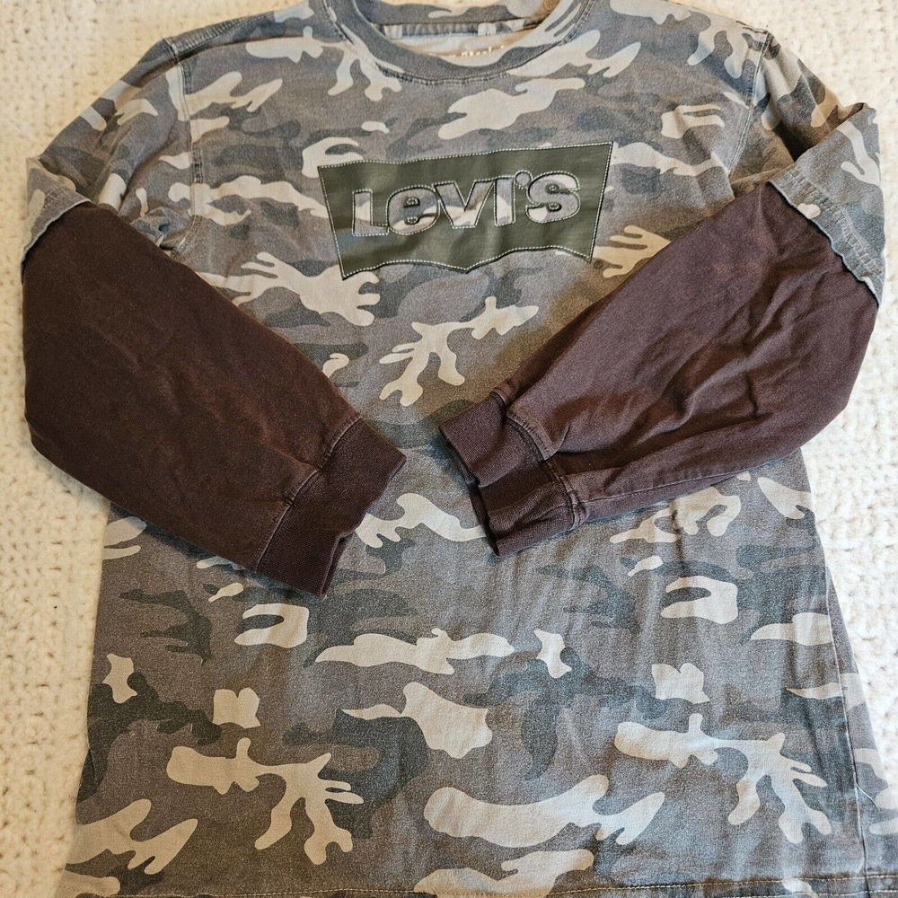 Levi's Boys Long Sleeve T-Shirt Brown Gray Camouflage Crew Cotton Size S 8 - 10